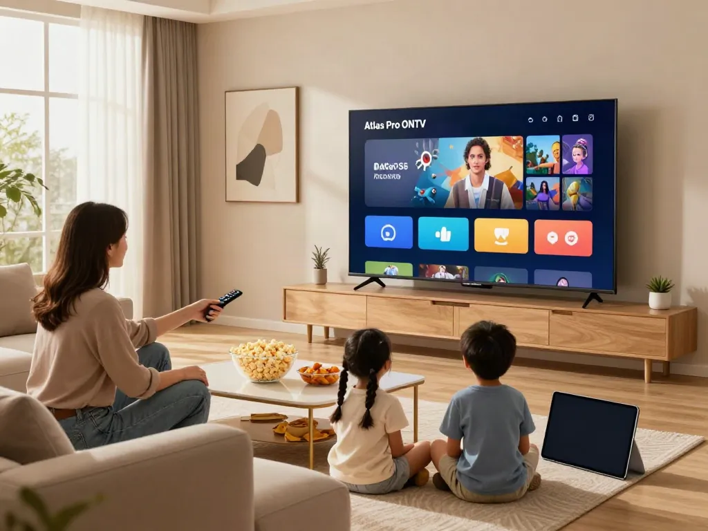 Une famille profitant de l'application Atlas Pro ONTV dans un salon moderne avec une télévision intelligente.