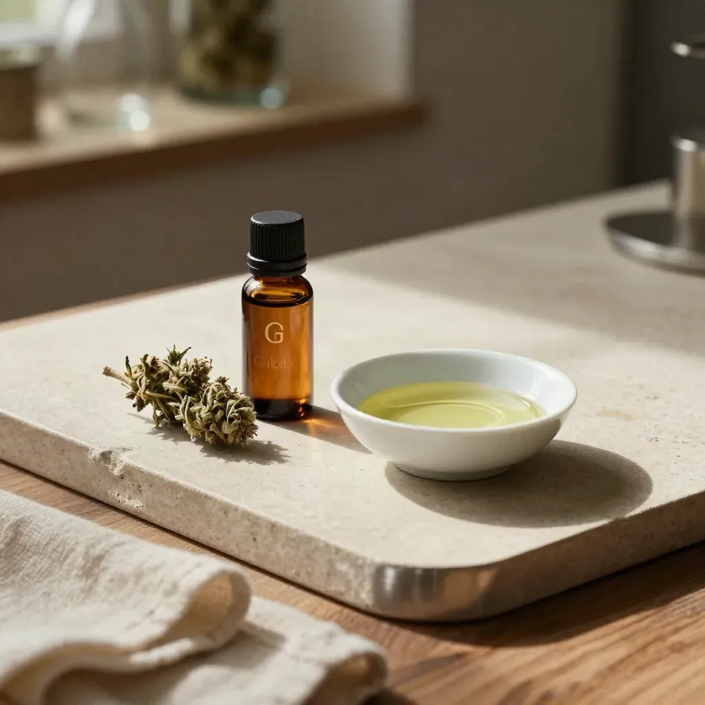 Flacon d’huile CBD, fleur sèche ouverte et coupelle en porcelaine avec une ligne brillante d’huile.