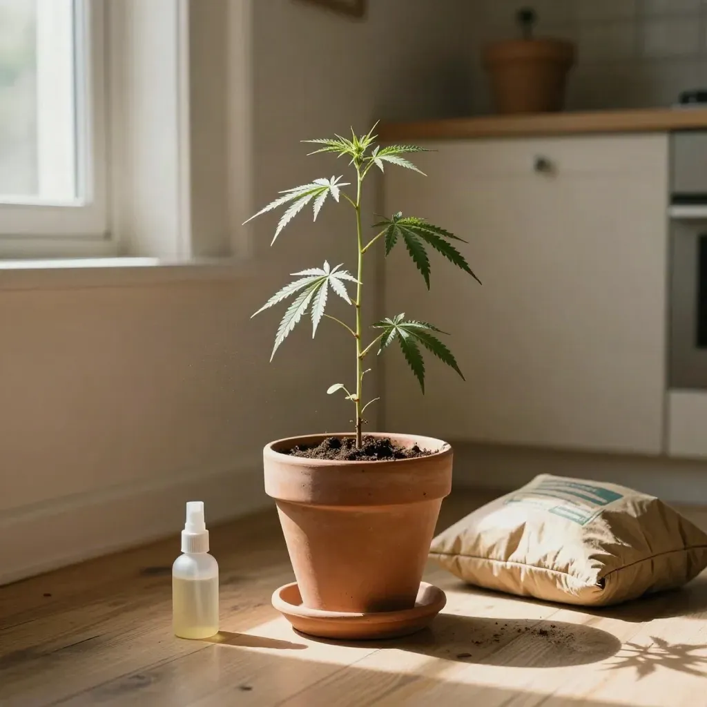 Jeune plant de chanvre en pot de terre cuite, lumière du matin, sac de terreau et vaporisateur.