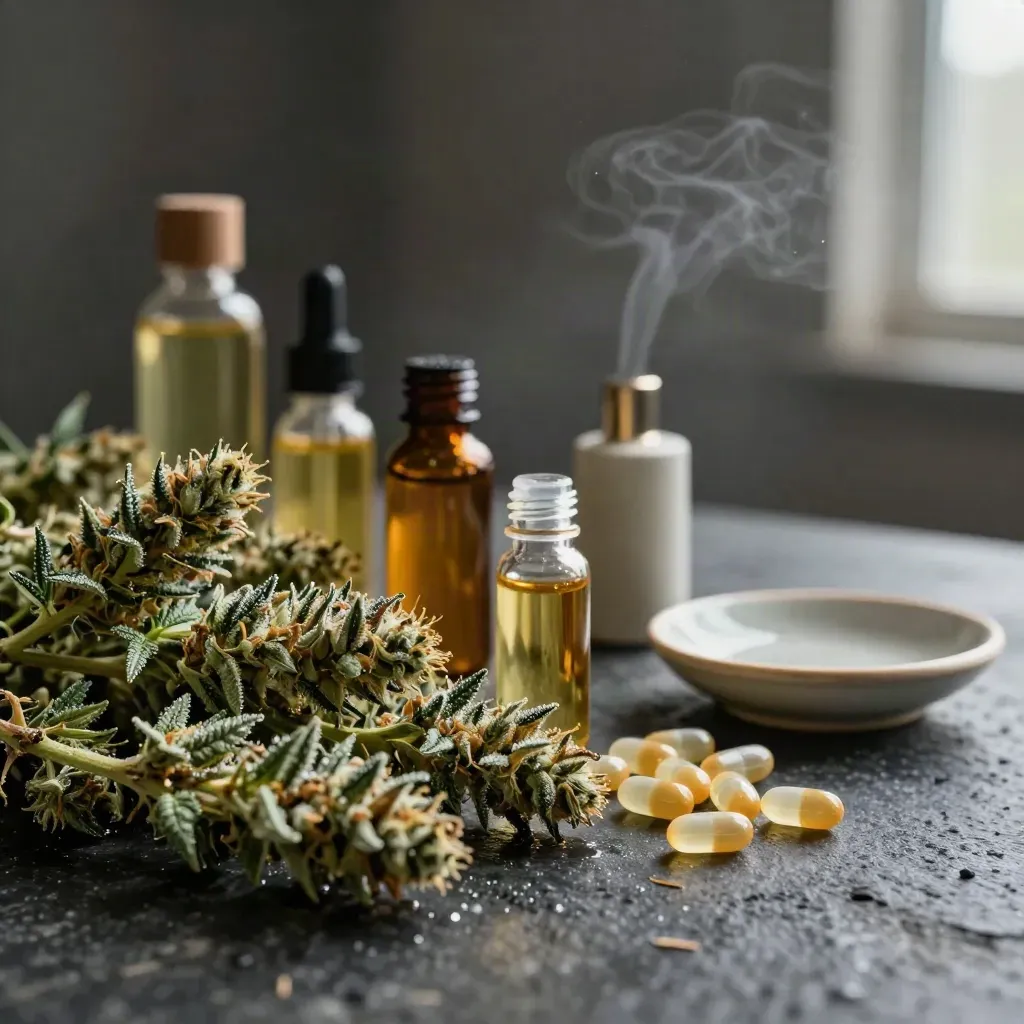 Fleurs de chanvre, flacons de CBD, gélules et vaporisateur sur fond sombre humide.