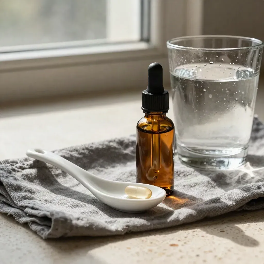 Goutte de CBD au-dessus d’une cuillère, avec capsule claire et verre d’eau sur lin beige.