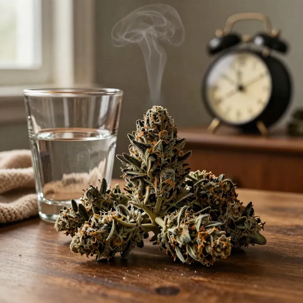 Fleur THC sombre, verre d’eau à moitié plein, plaid en laine et vapeur douce sur table de nuit.