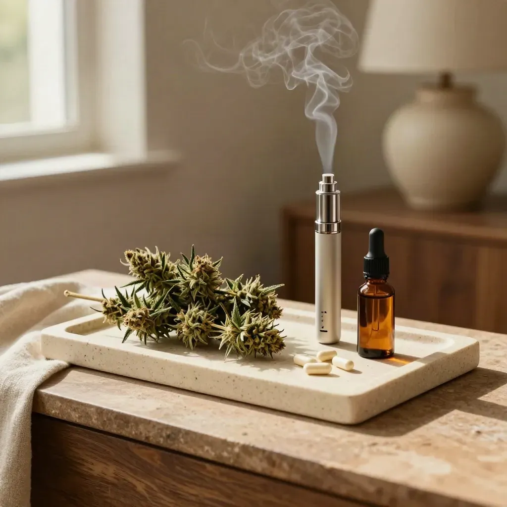 Fleurs de cannabis, vaporisateur, huile et gélules sur un plateau minéral en lumière douce