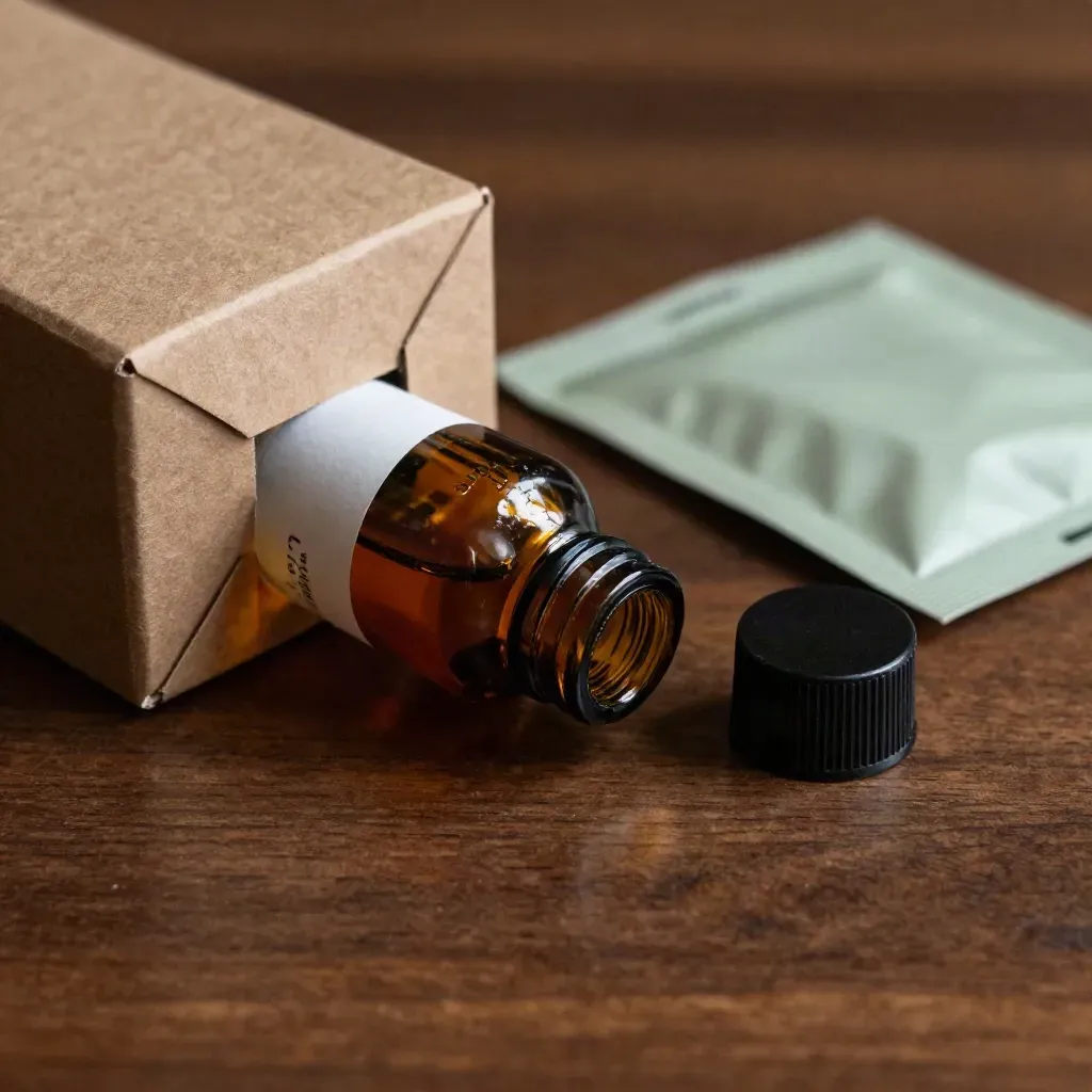 Flacon d’huile CBD en verre ambré, carton plié et sachet scellé sur bois sombre.