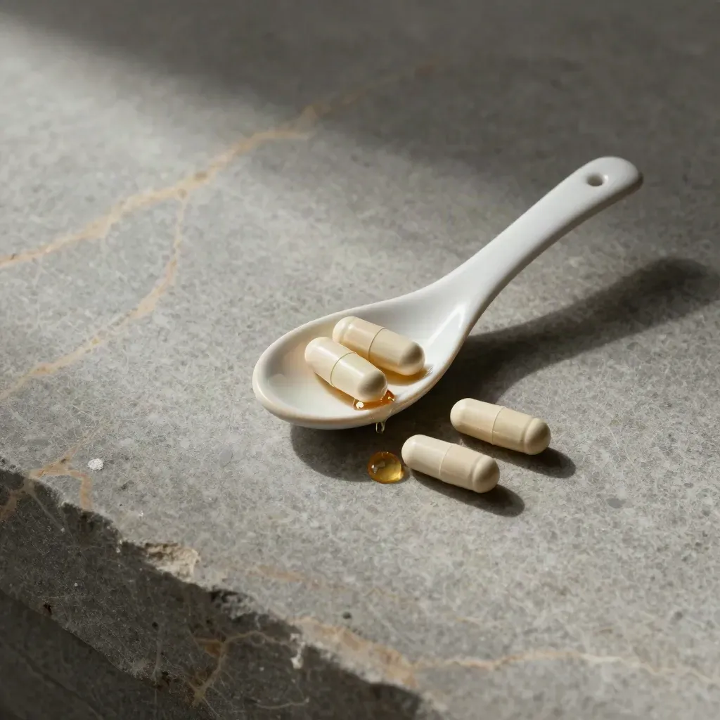 Trois capsules, une goutte de teinture et une cuillère en céramique sur pierre.