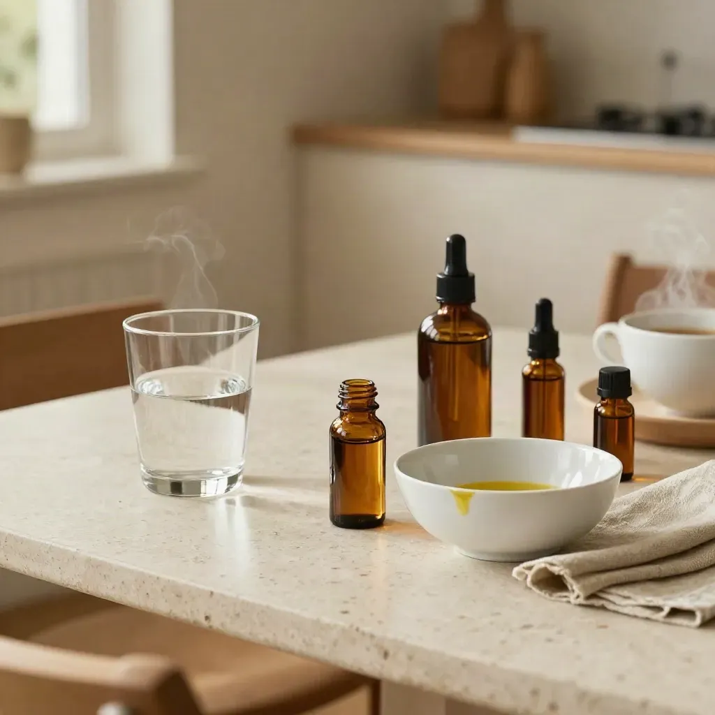 Flacons d’huile CBD, verre d’eau et coupelle en porcelaine sur une table de petit-déjeuner.
