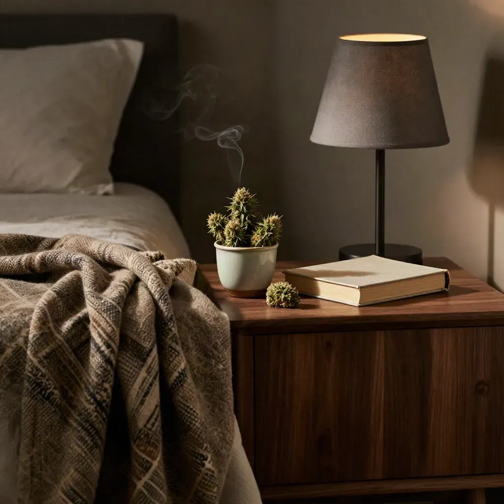 Chevet minimal avec plaid, fleur de cannabis, livre fermé et lampe éteinte dans une chambre sombre.