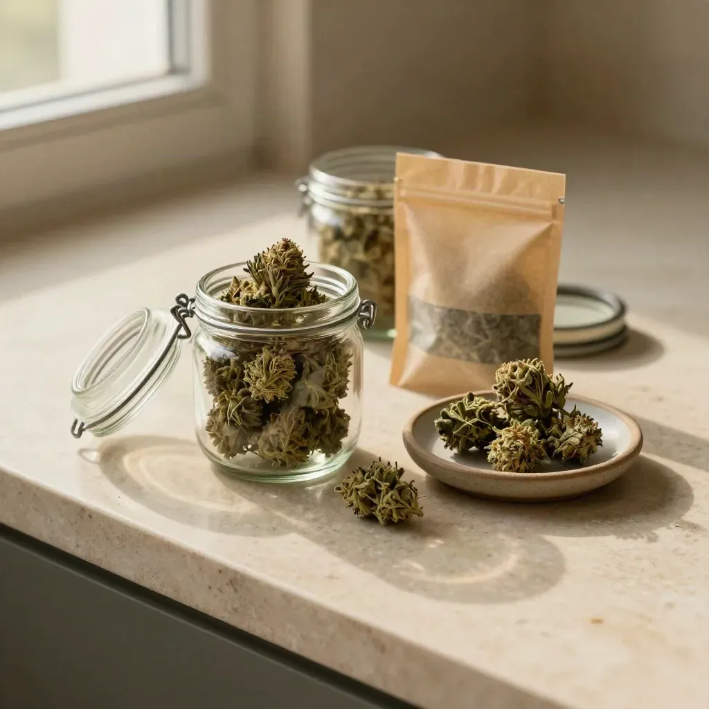 Bocaux de fleurs CBD légales, sachet kraft et coupelle en grès sur comptoir de pierre.