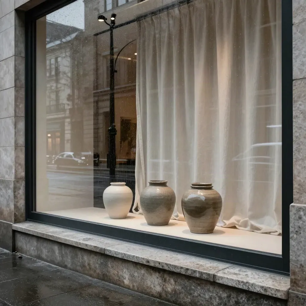 Façade vitrée d’une boutique CBD sous la pluie, avec rideau en mouvement et reflets urbains.