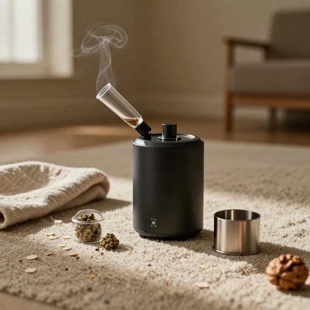 Vaporisateur noir mat, embout en verre et capsule de fleurs sur tapis de lin, vapeur fine.