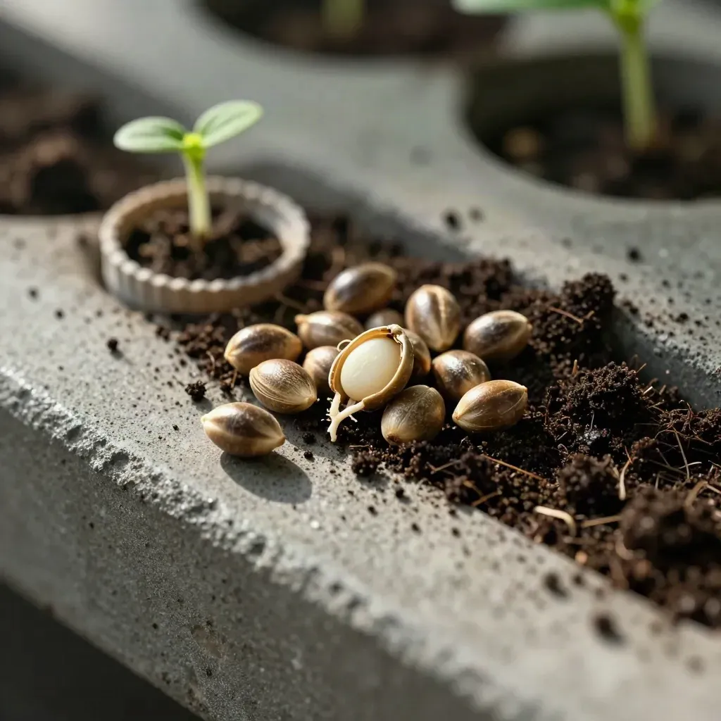 Graine de cannabis en germination sur terreau, avec graines brunes et petit pot de semis.