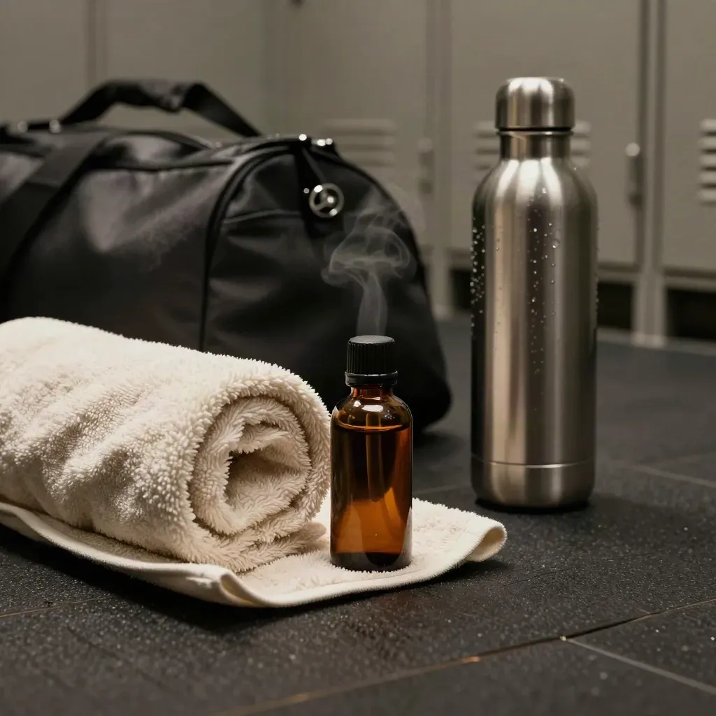Flacon d’huile CBD près d’un sac de sport ouvert, d’une serviette roulée et d’une gourde métallique dans un vestiaire sombre.