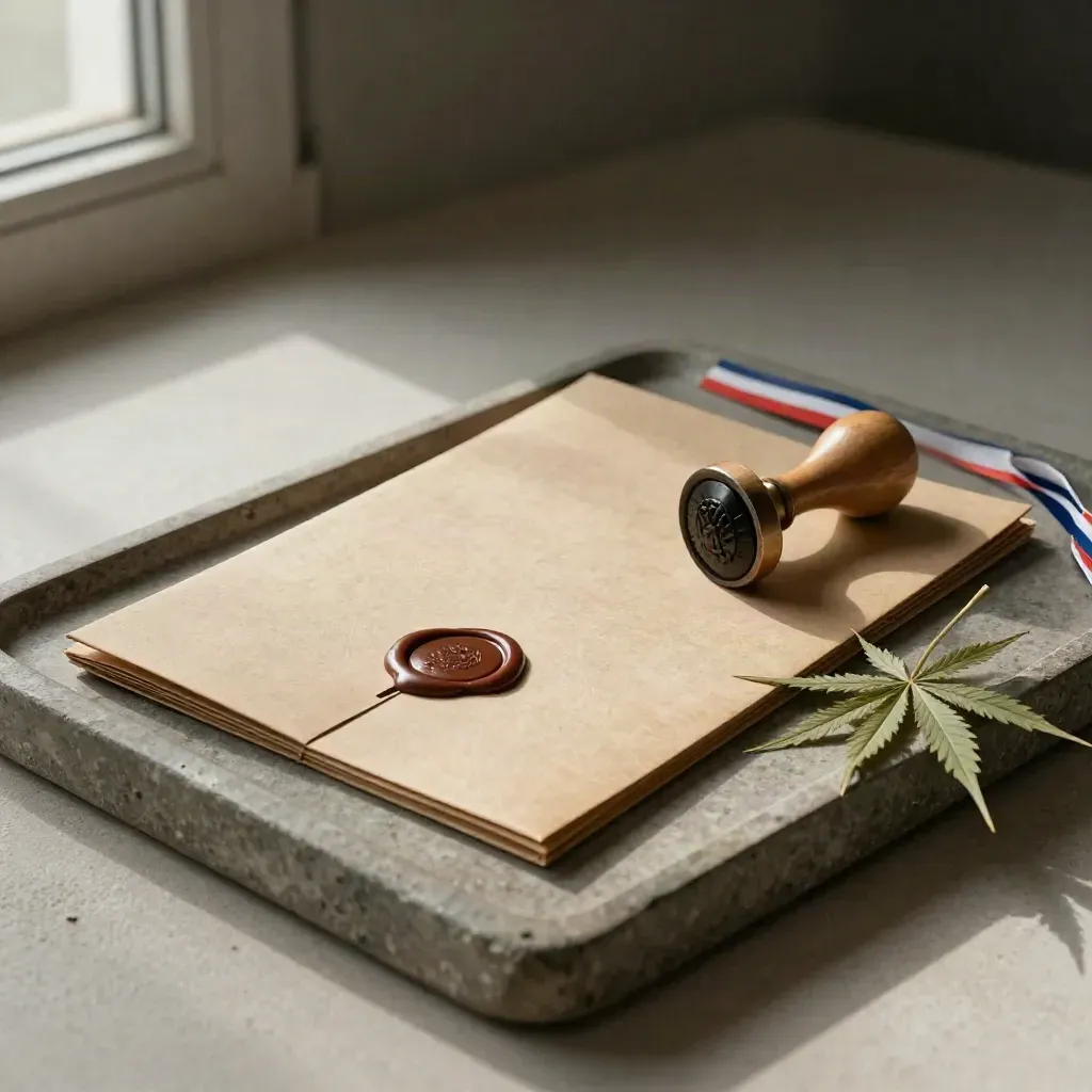 Dossier kraft scellé, tampon en bois, ruban tricolore et feuille de chanvre sur plateau de pierre.