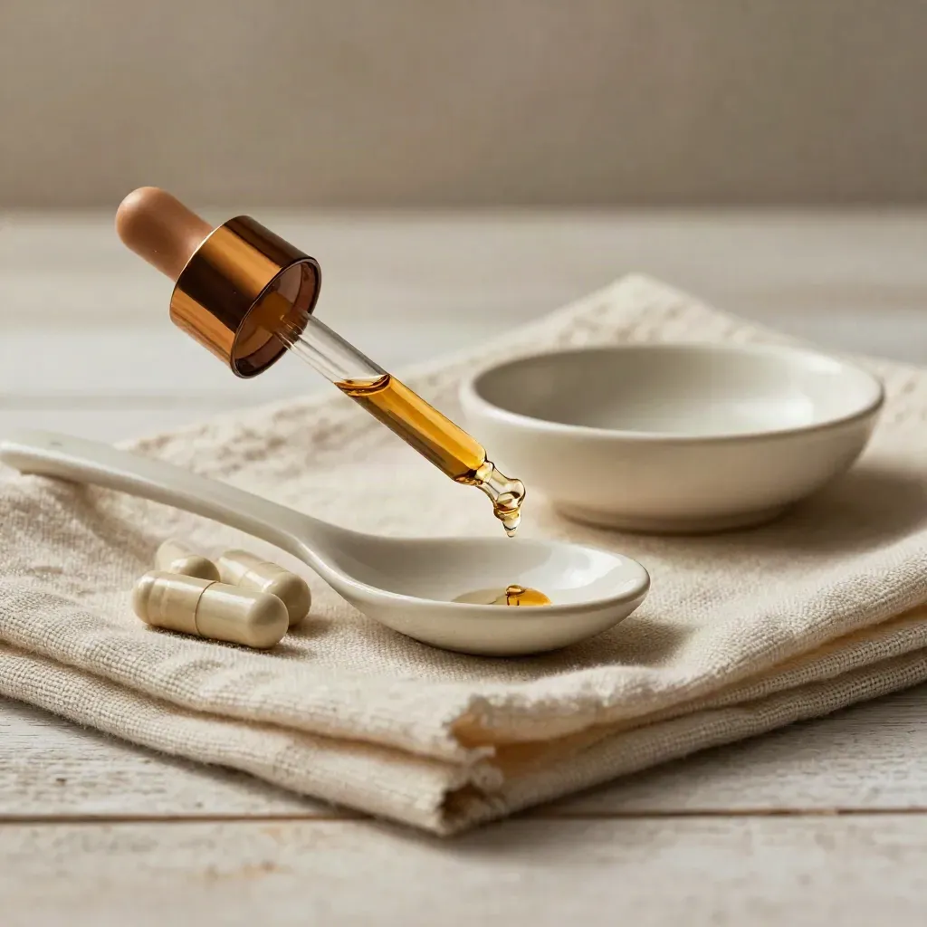 Pipette ambrée, cuillère en céramique et capsules sur lin, en lumière douce.