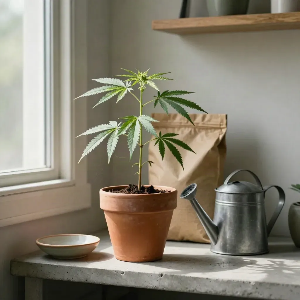 Plantule de chanvre en pot, sac de terreau et petit arrosoir sur étagère en pierre.